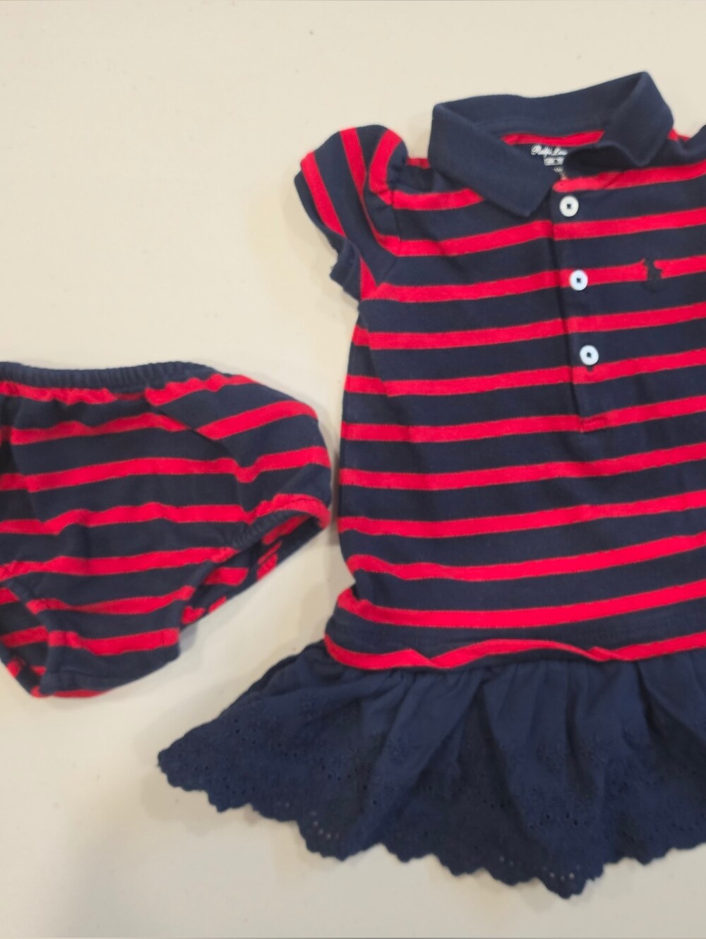 Polo Collar Stripe Dress & Bloomers - Navy & Red